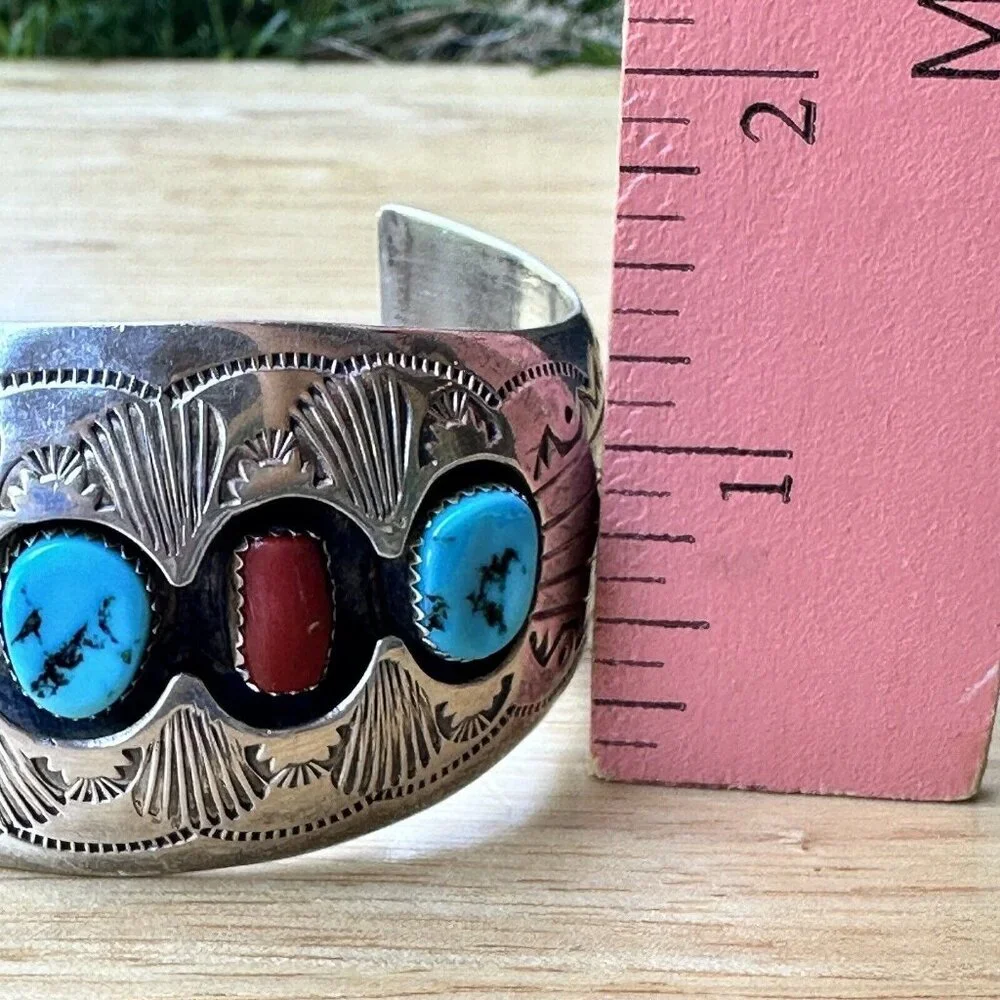 VTG Navajo Pauline‎ Benally Size 6.25 Bracelet Turquoise Coral Sterling 52.2g